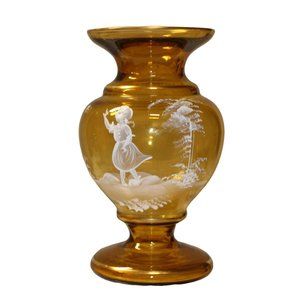 Mary Gregory Victorian Girl Butterfly Amber Glass Vase Gold Trim Hand Painted
